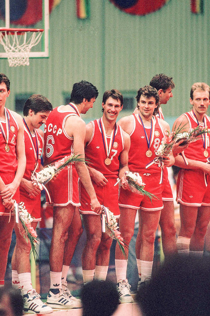 Marčiulionis (no. 7) helped lead the Soviet team to Olympic gold in 1988.